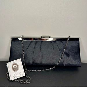 Black Pleated Satin Clutch with Chain, Jessica McClintock
